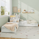 L-Shaped Combination Twin Bed with Trundle and Drawer,3-in-1 Low Corner Platform Bed Linked with Built-in Desk and Led Downlight, White