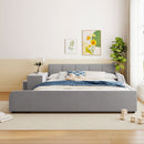Queen Size Upholstered Grounded Bed, Mother & Child Bed with Bedside Desk and Little Round Stool, Velvet, Gray