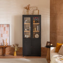 Mid-century Modern Style 74.5'' Tall Display Cabinet with Glass Doors for Collectibles in Black MDF