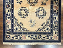 Chinese Peking Rug 4x6, Wool Hand Knotted Handmade Vintage Semi Antique Carpet, Semi Open Field, Light Peach & Navy Blue, Art Deco Rug