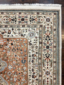 Indo Persian Rug 6x9, Wool Hand Knotted Vintage Carpet, Salmon & Ivory, Traditional Oriental Rug 6 x 9