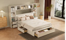 Full Size Pine Wood Platform Bed with All-In-One 2 Nightstand, Storage Shelf and Cabinet Bookcase with 2 Charging Stations, Multi-Functional Captain Bed Frame with 3 Drawers, No Box Spring Needed