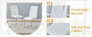 Table and chair set.64.5 x 35.4 Inch Stylish White Marble Textured Dining Table,Perfectly Blending Simplicity And Transparency.Paried With 6 White High-quality PU Chairs With Arched Silver Metal Legs.