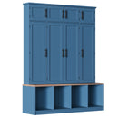 [Assembly Video Provided]  Farmhouse Hall Tree with 4 Hidden Hanging Hooks, Versatile Walnut Seating Bench with 8 Doors, Entryway Shoe Cabinet with Open Compartments for Living Room, Blue