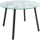 Modern simple table with a glass round table and four chairs. Transparent tempered glass countertop, black metal legs, suitable for kitchen living room dining room (set of 5)