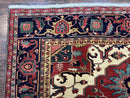 Persian Heriz Serapi Rug 8 x 10.6, Geometric Medallion, Great Colors, Rare, Red Navy Blue Ivory