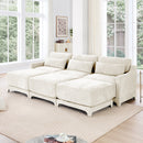 Elegant Three-Seater Sofa with Movable Ottomans, Lumbar Pillow, Chenille Fabric, Wooden Base, Beige