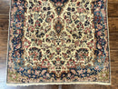 Antique Persian Kirman Rug 4x7, Cream and Navy Blue, Hand Knotted Wool Floral Carpet