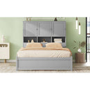 Queen Size Platform Bed with Storage Headboard and 4 Drawers, Gray