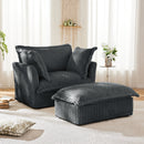 Upholstered Slipcovered Armchair with Ottoman,  Deep Seat Armchair W/ Wide Ottoman for Living Room, Armchair Sets with Large Soft Pillows(Set of 2),Gray Corduroy Fabric