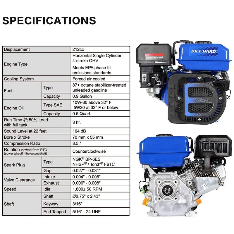 BILT HARD 7HP Gas Engine Horizontal Shaft, 212cc 4 Stroke OHV Industrial Grade Replacement Gas Motor, Shaft 3/4" (19mm) Diameter, 2-3/8" Long, 3/16" Keyway