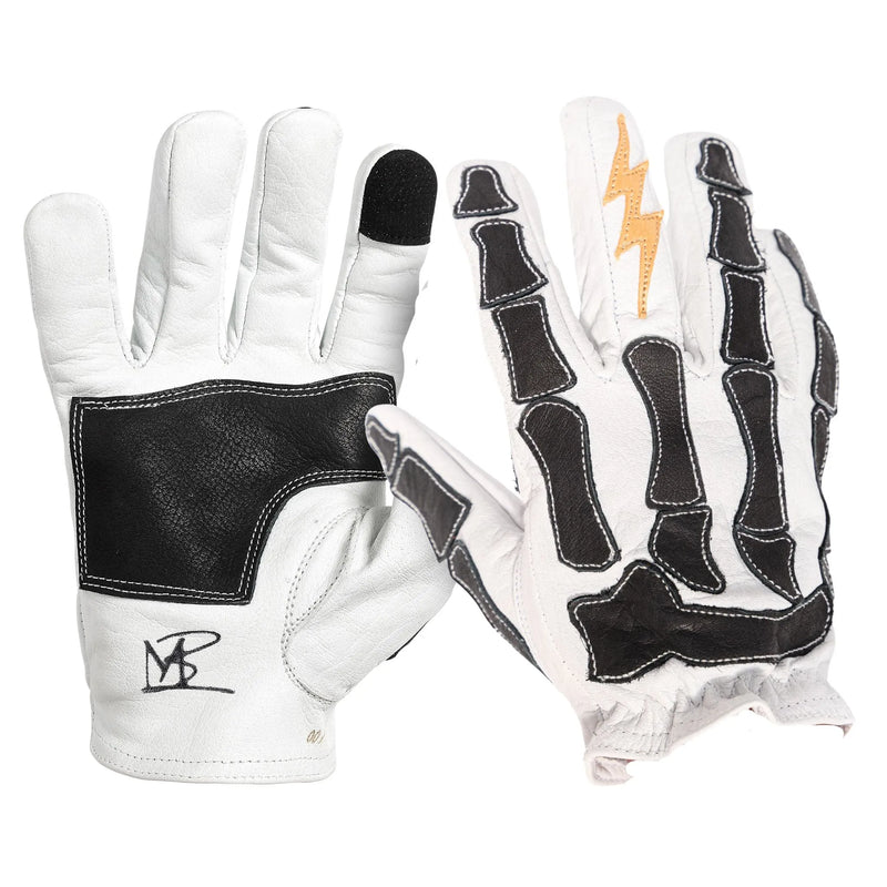 Astrapí (Lightning) Skeleton Leather Motorcycle Glove - White-Black