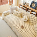 Grid Textured Sofa Cover with Sheer Ruffle Skirt, Pet-Friendly Sofa Throw Slipcover