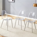 Transparent and Stylish Ergonomic Dining Chair with Silver Metal Legs and Transparent Seat Cushion, One Box of Three