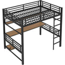 Full Size Metal Loft Bed Frame with Storage Shelf and LED Light,Iron mesh,Black