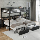 Full XL Over Twin & Twin Triple Bunk Bed with Drawers, Multi-functional Metal Frame Bed, Bed Head with Shelving & USB, Black