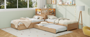 L-Shaped Combination Twin Bed with Trundle and Drawer,3-in-1 Low Corner Platform Bed Linked with Built-in Desk and Led Downlight, Natural