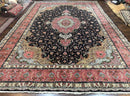 Magnificent Persian Tabriz Rug 11x16, Oversized Persian Carpet 11 x 16 ft, Wool on Silk Finely Hand Knotted, 450 KPSI, Floral Medallion, Black Pink