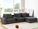Modular Corduroy Sectional Sofa with Bluetooth Speakers, USB Charger, Cup Holders, Storage, and Ottoman in Dark Gray