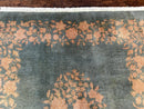 Teal Chinese Wool Rug 6x8, Vintage Handmade Carpet, Floral, Semi Open Field