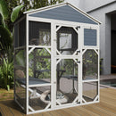 Gray Wooden Catio Outdoor Cat house Enclosure with Waterproof Top, 3 Platforms & 2 Napping House Small Pet Animal Cage