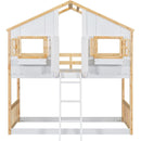 Twin over Twin House Bunk Bed with Roof, Window, Window Box, Door, with Safety Guardrails and Ladder, Natural/White