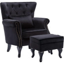 Elegant Black Velvet Wingback Chair With Ottoman Set