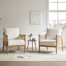 Cream Braided Accent Armchair With Wooden Armrests