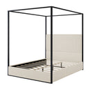 Modern Luxury Metal Canopy Bed with Tall Corduroy Upholstered Headboard, No Box Spring Needed, Queen, White