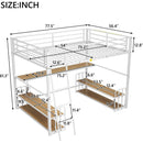 Full Size Metal Loft Bed with Desk, Storage Shelves and Charging Station, White