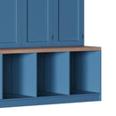 [Assembly Video Provided]  Farmhouse Hall Tree with 4 Hidden Hanging Hooks, Versatile Walnut Seating Bench with 8 Doors, Entryway Shoe Cabinet with Open Compartments for Living Room, Blue