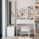 Full Body Mirror Cabinet + Round Mirror LED Vanity Table + Cushioned Stool, With 2 AC + 2 USB Power Station,17' diameter LED Mirror, Touch Control, 3-color, Brightness adjustable, Large Desktop