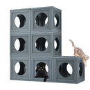 Grey Pine Wood Outdoor Cat House with Shelves and Weather Protection, Removable Wood Boxes
