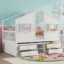 Full Size House Loft Bed with Roof, Windows,4 Storage Drawers,Pine Wooden Bed with Safety Guardrails,Ladder,White