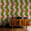 Wavy Cherry Wallpaper, pink and green