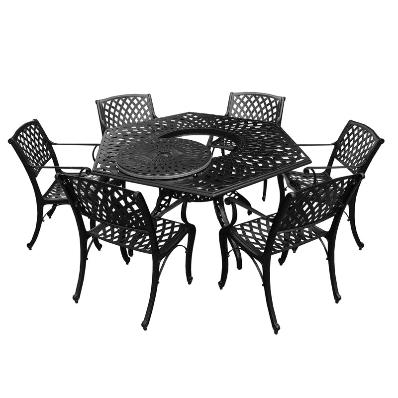 Outdoor Aluminum 7pc Hexagon Patio Dining Set, Lazy Susan, Six Chairs