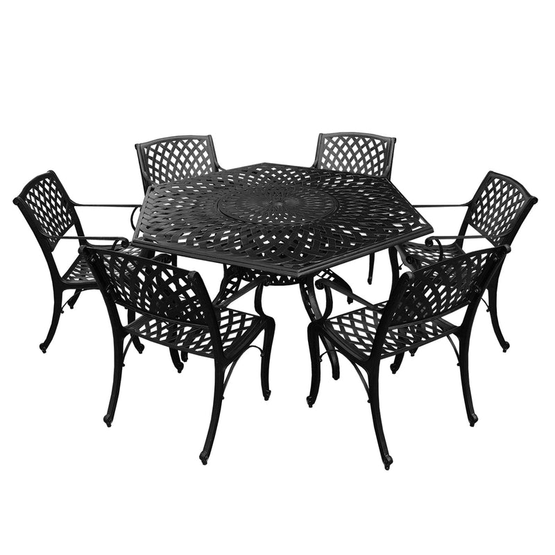 Outdoor Aluminum 7pc Hexagon Patio Dining Set, Lazy Susan, Six Chairs