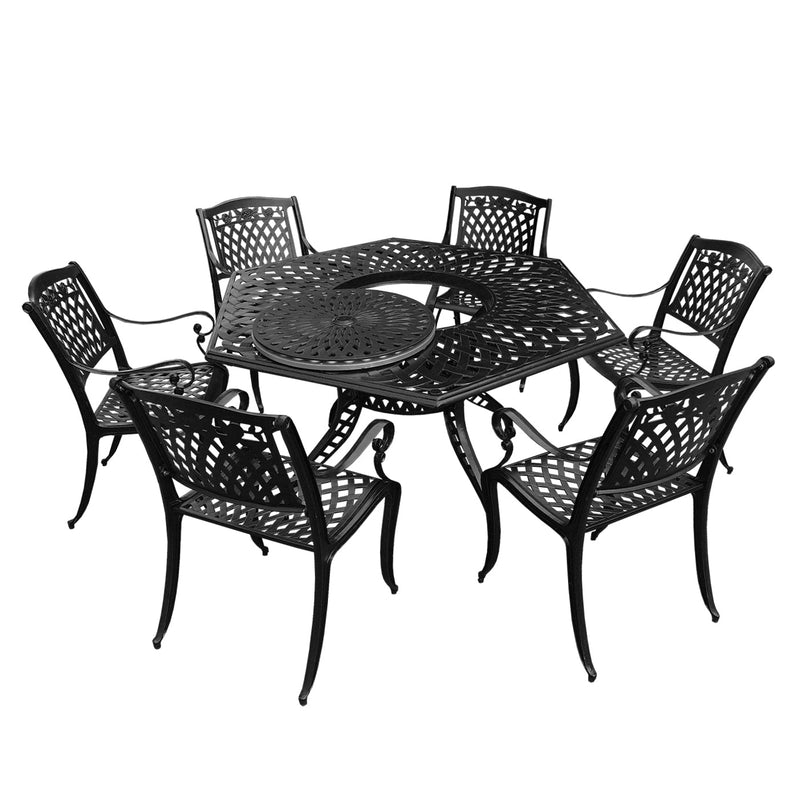 Aluminum 7pc Hexagon Rose Patio Dining Set, Lazy Susan, Six Chairs