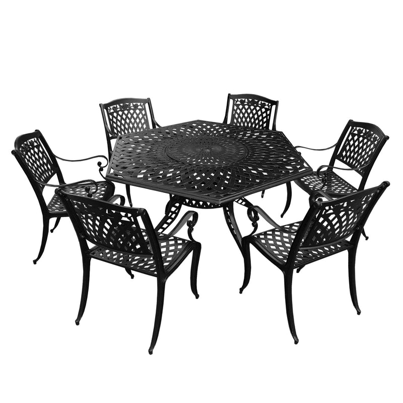 Aluminum 7pc Hexagon Rose Patio Dining Set, Lazy Susan, Six Chairs