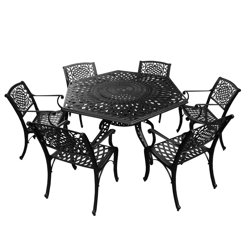 Outdoor Aluminum 7pc Hexagon Patio Dining Set, Lazy Susan, Six Chairs