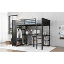 Full XL Size Loft Bed Frame with Built-in Wardrobe, Metal Loft Bed with Desk and Storage Shelves, Black