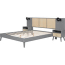 Queen Size Solid Wood Bed Frame with 2 Nightstands, Elegant Design with Lamps, Rattan and Wood Combination,Gray