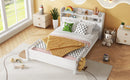 Full Pine Wood Bed with Bookcase Headboard ,LED Motion Sensor Light, Bed Guardrails,White
