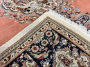 Persian Tabriz Rug 10x13, Wool Hand Knotted Vintage Carpet, Salmon Red & Ivory, Semi Open Field, Birds & Animal Motifs, Large Rug