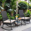 Three Piece Patio Furniture Set Outdoor Wicker Rocking Chairs With Glass Coffee Table Beige
