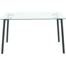 Modern simple table with a glass square table and four chairs.  Transparent tempered glass countertop, black metal legs, suitable for kitchen living room dining room (set of 5)