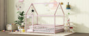 Full Size House Floor Wooden Bed with Roof Frame, Safety Guardrails,Pink