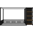 Full Size Floor Bed Frame with Wardrobe, Metal floor Bed with Storage Shelves, Black