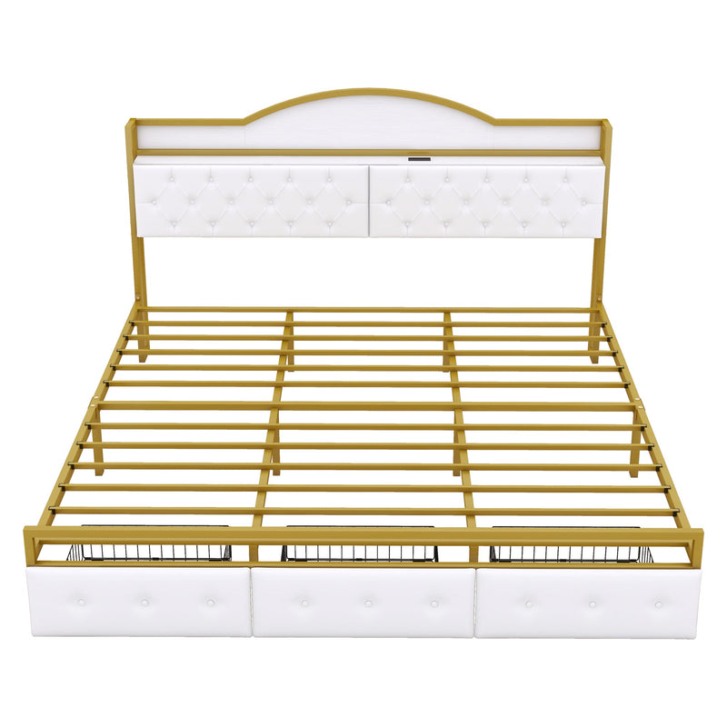 Metal Platform Bed With 3 drawers, Storage Headboard, King, Gold