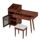 Modern Makeup Vanity Desk with Drawers, Cabinet & Charging Port, Space-saving Dressing Table Set with Stool for Small Places, Walnut